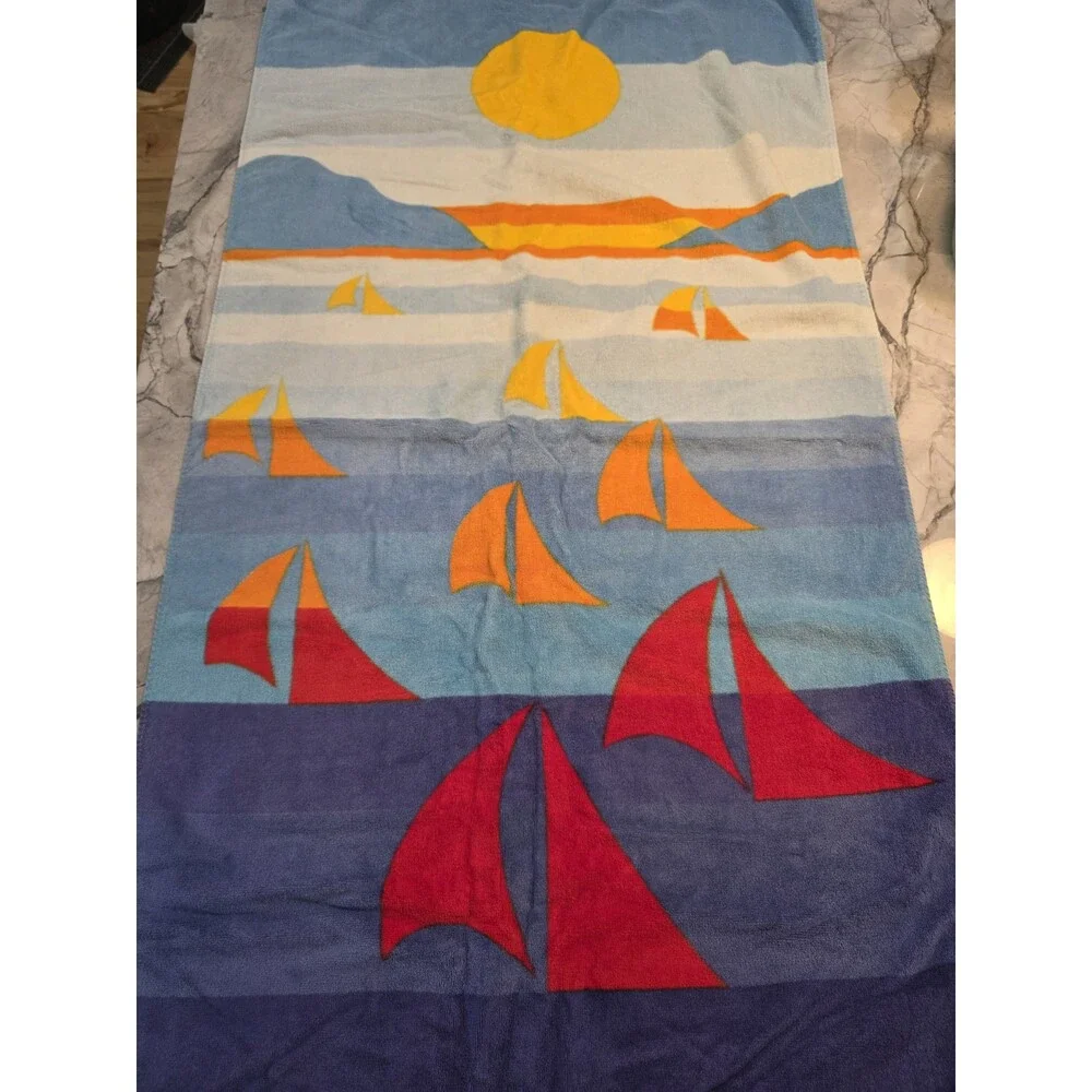 Vintage Sea Drift Beach Towel Sailboats Sunset Ocean Blue Cotton Brazil 28x53